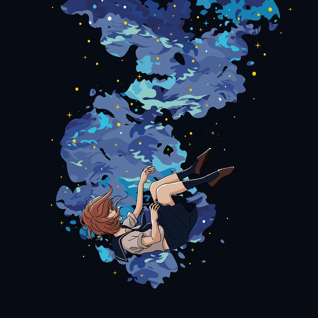 Illustration of a girl falling through stars