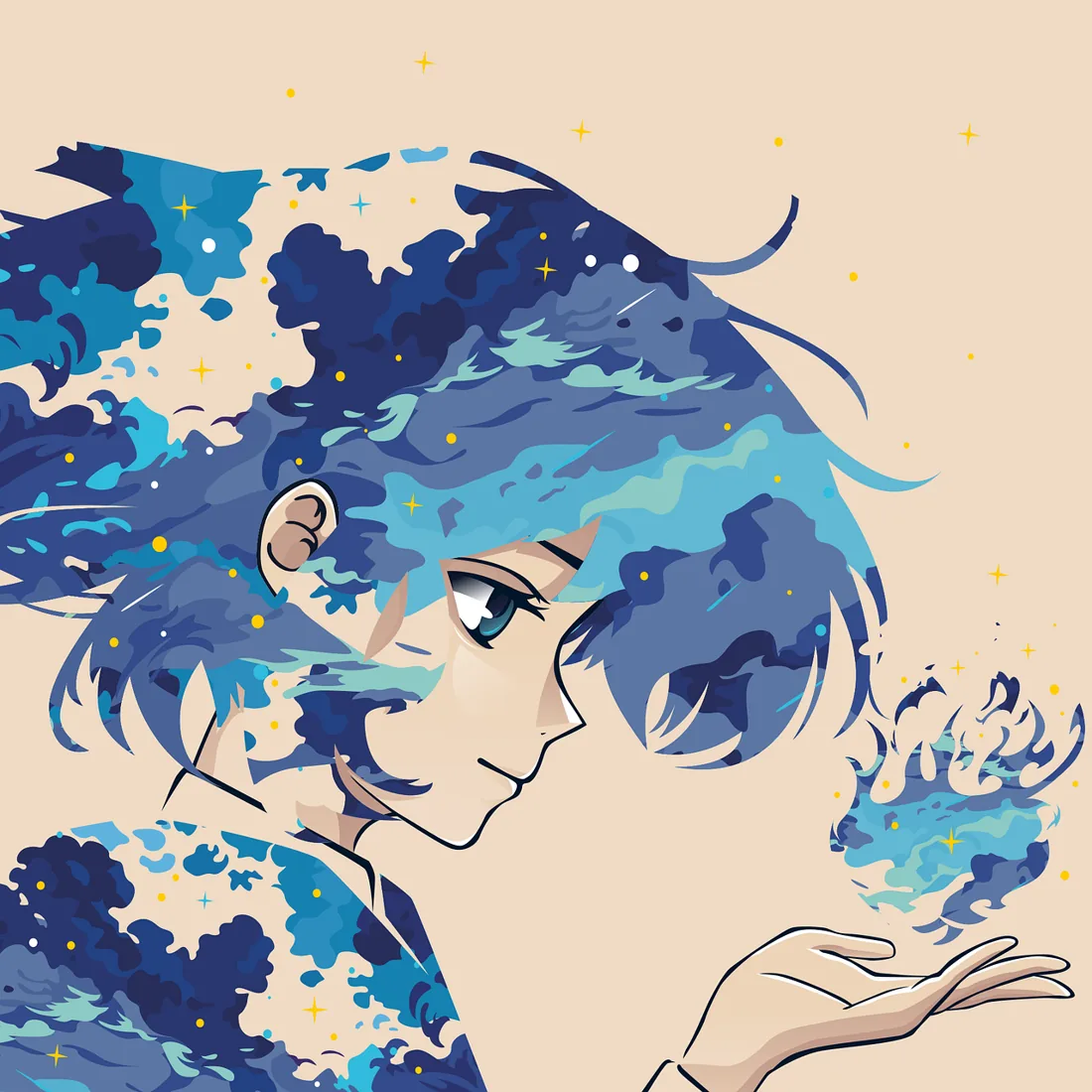Illustration of a girl whose hair becomes a starry sky